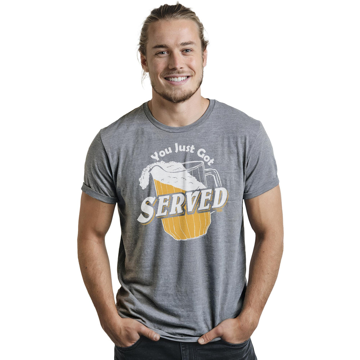You Just Got Served Funny Staple T-shirt in Ash Heather On Model - Front View