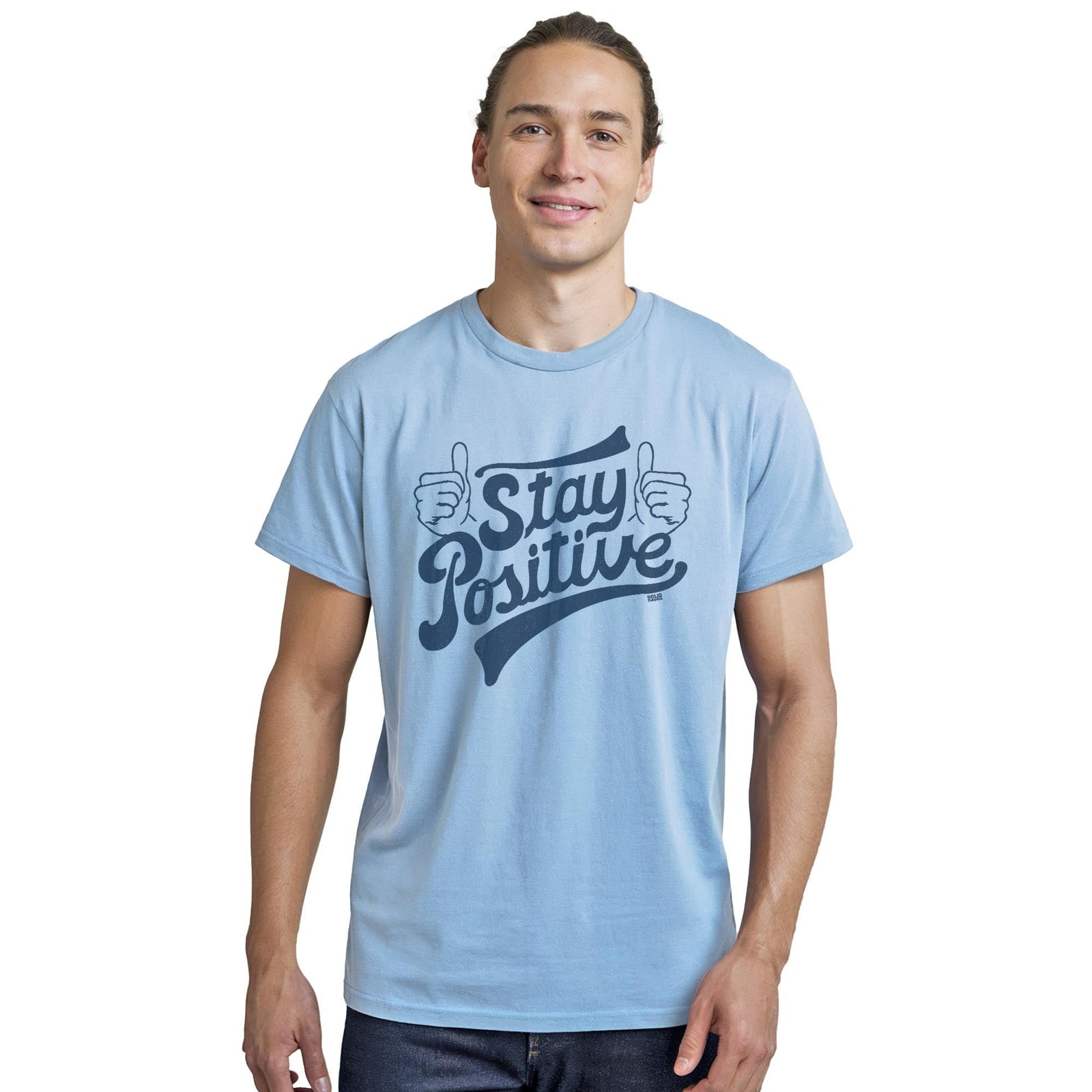 Stay Positive Cool Staple T-shirt in Light Blue Heather On Model - Front View
