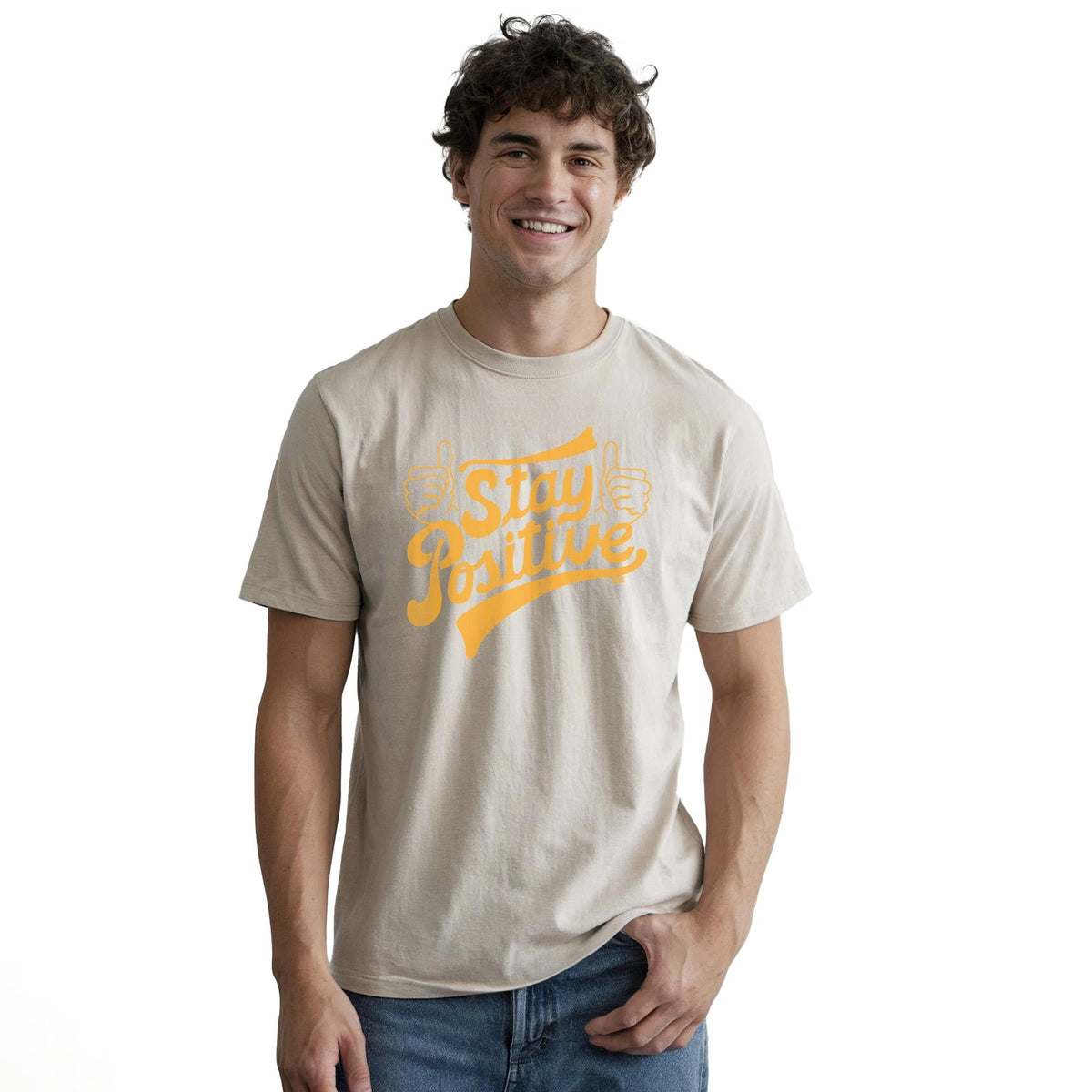 Stay Positive Cool Staple T-shirt in Natural On Model - Front View