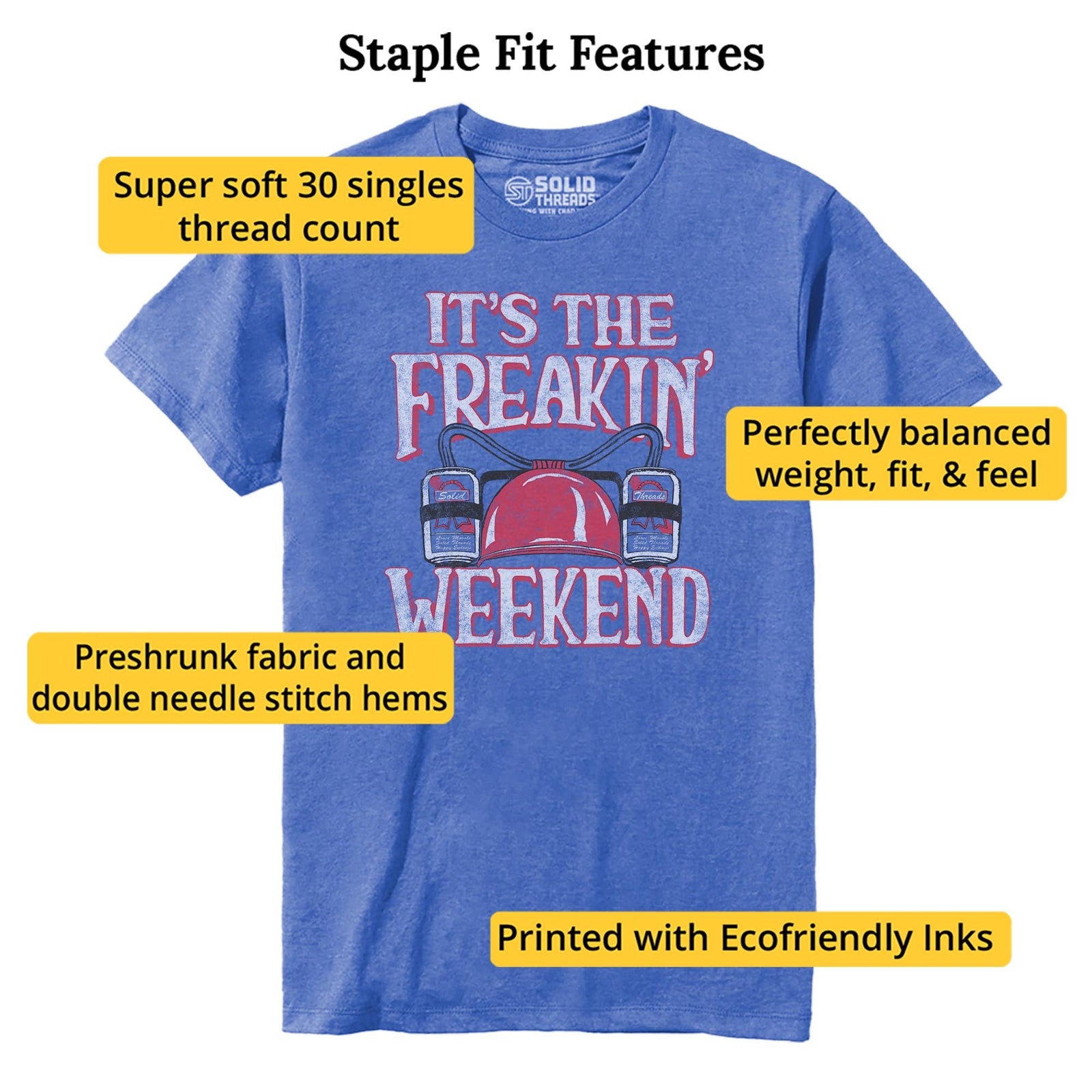 It's The Freakin Weekend Vintage Staple T-shirt in Royal Heather - Fit Attributes