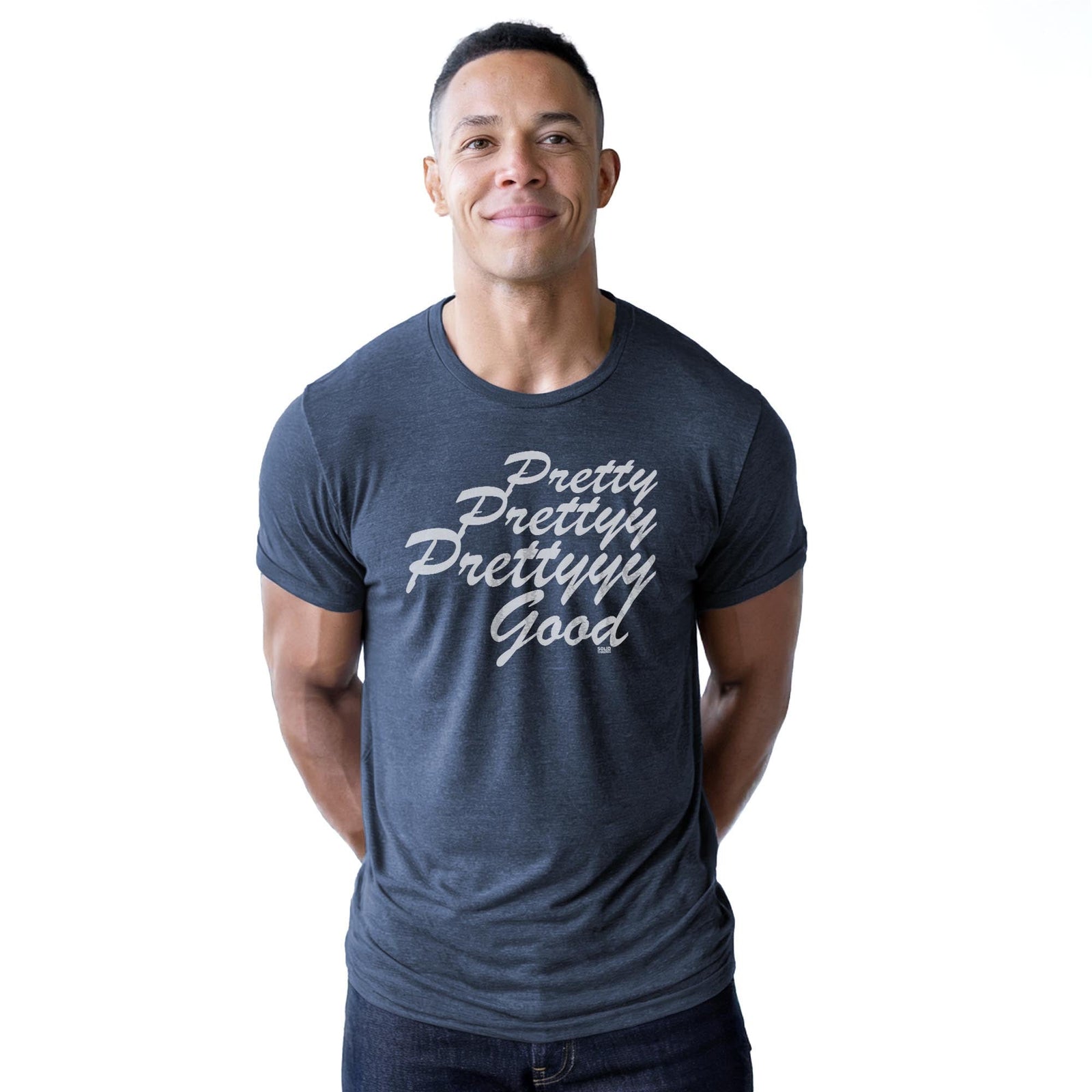 Pretty Pretty Pretty Good Retro Staple T-shirt in Navy Heather On Model - Front View