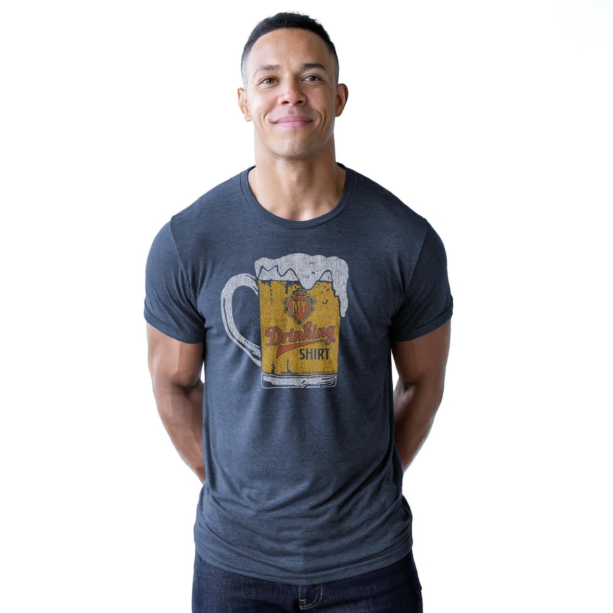My Drinking Shirt Retro Staple T-shirt in Navy Heather On Model - Front View