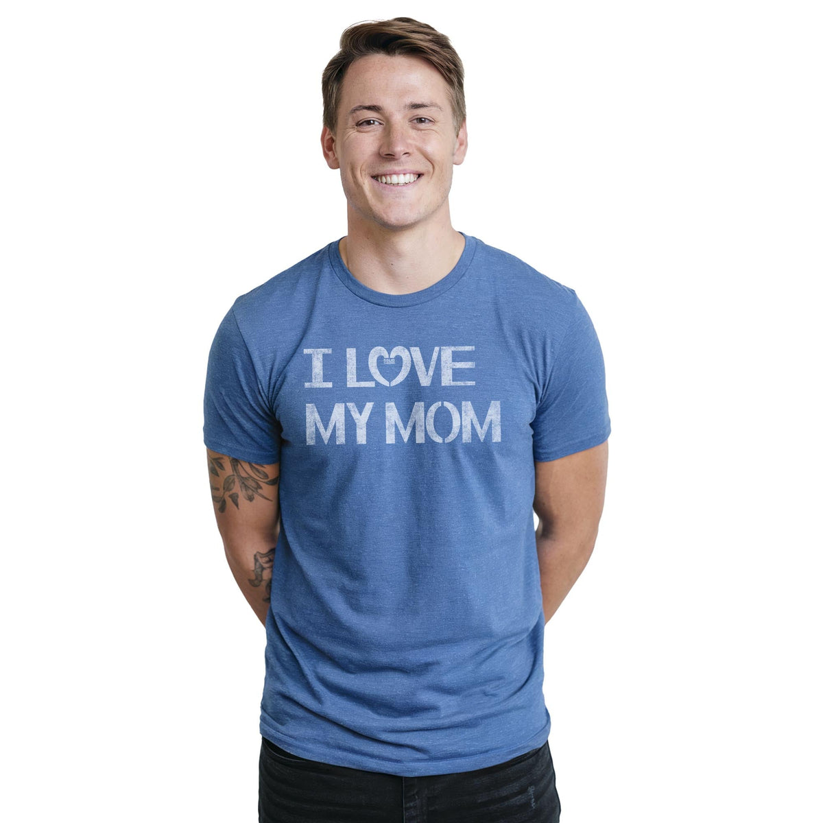 I Love My Mom Cute Staple T-shirt in Royal Heather On Model - Front View