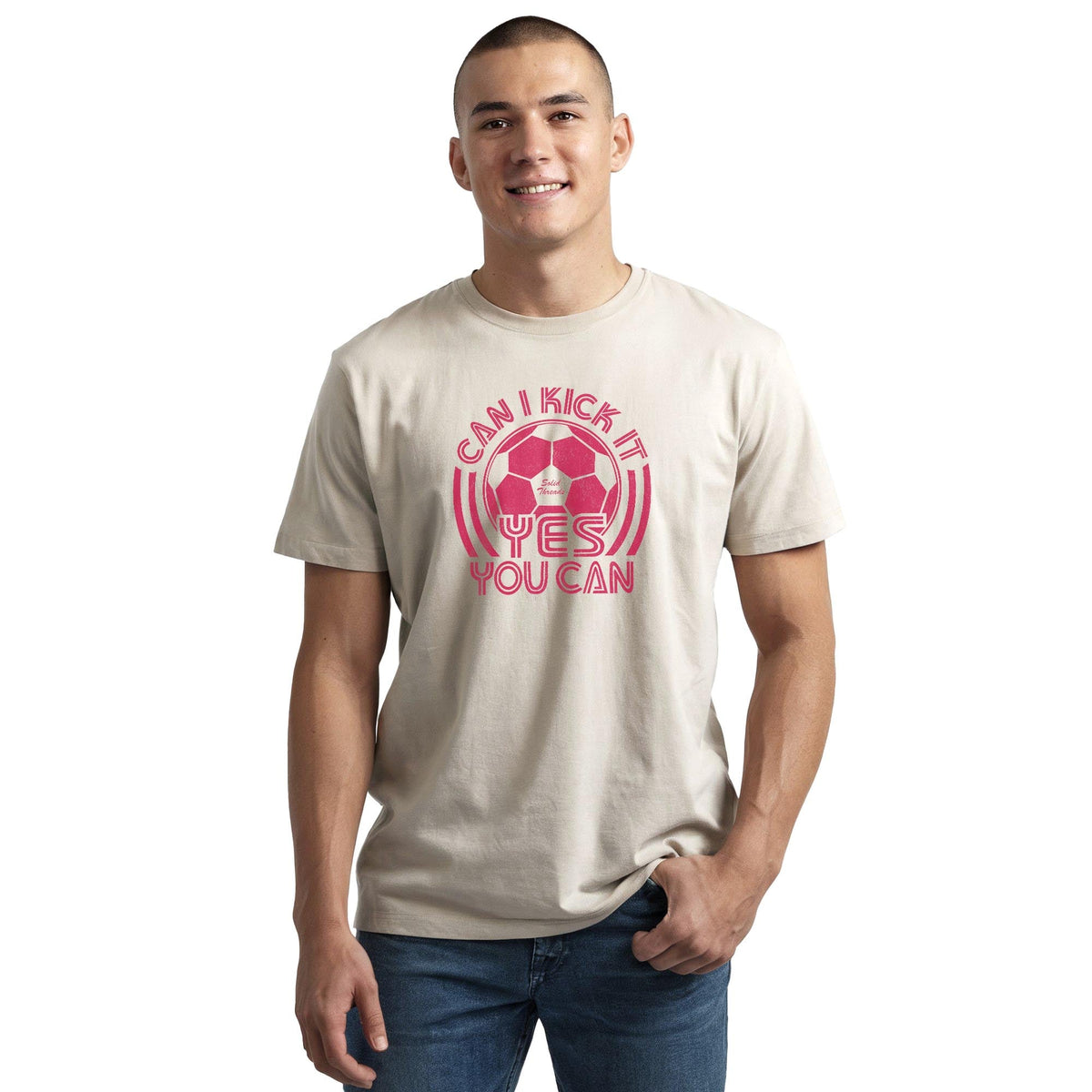 Can I Kick It Yes You Can Vintage Staple T-shirt in Natural On Model - Front View