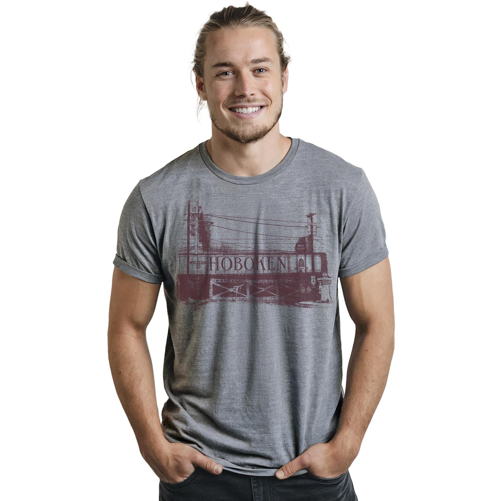Hoboken Bridge Cool Staple T-shirt in Ash Heather On Model - Front View