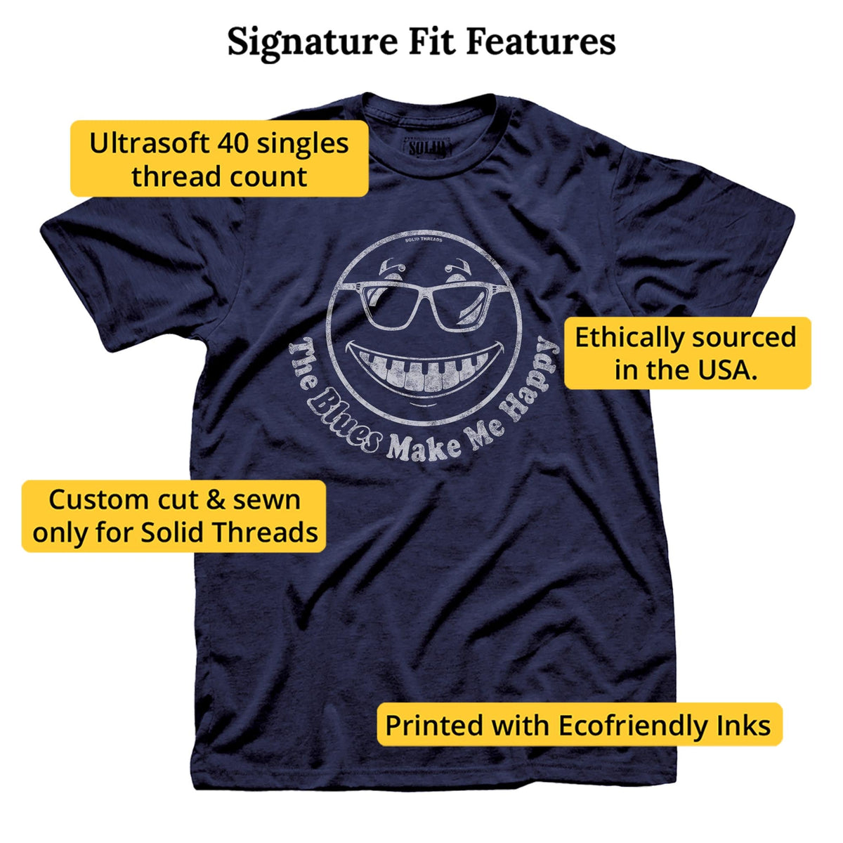 The Blues Make Me Happy Cool Signature T-shirt in Navy - Fit Attributes