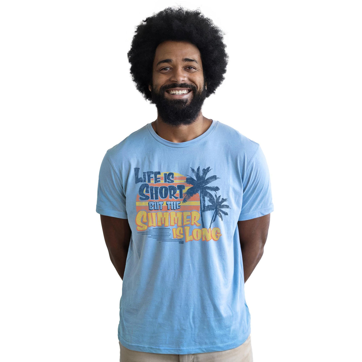 Life Is Short But The Summer Is Long Cool Staple T-shirt in Light Blue Heather On Model - Front View