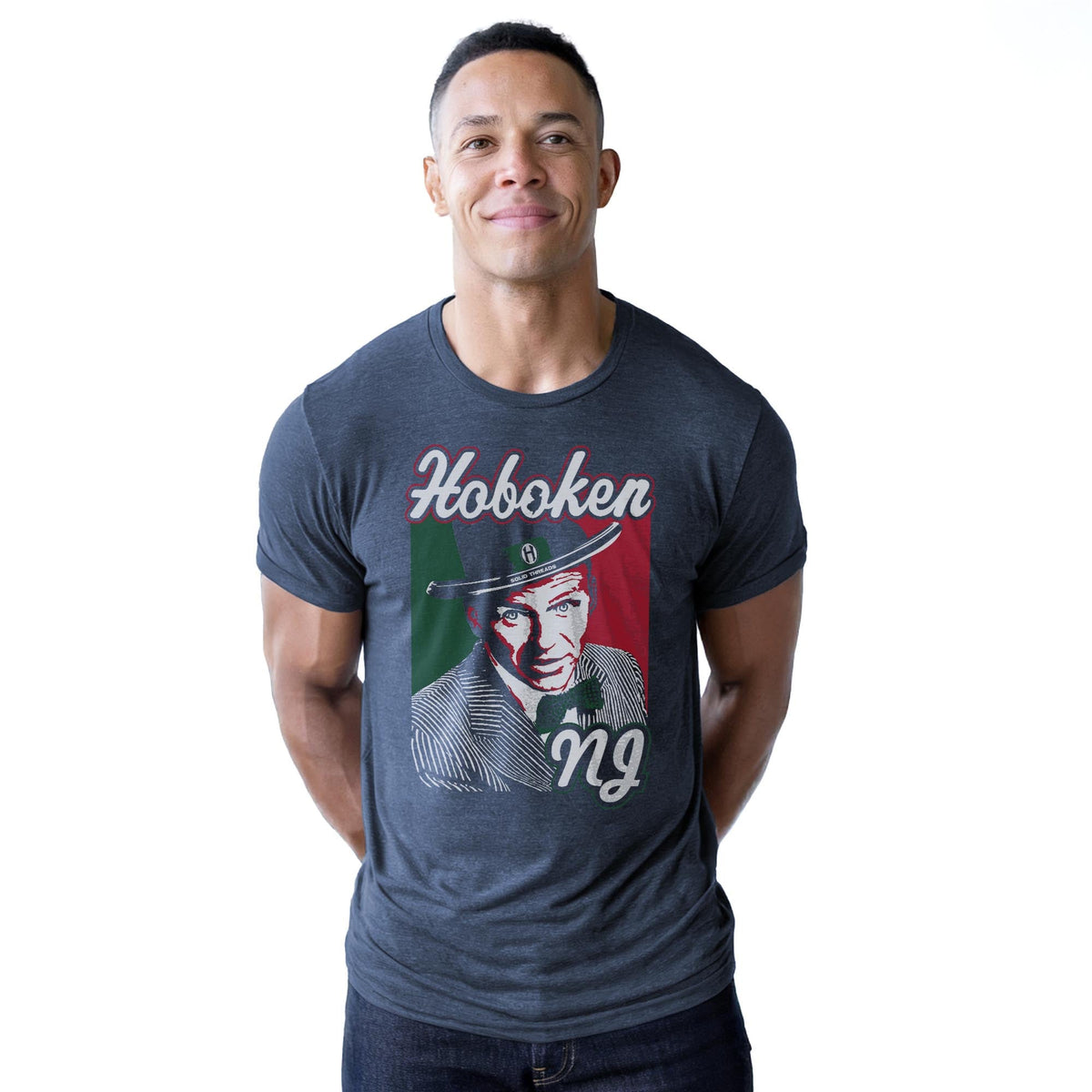 Hoboken Sinatra Cool Staple T-shirt in Navy Heather On Model - Front View
