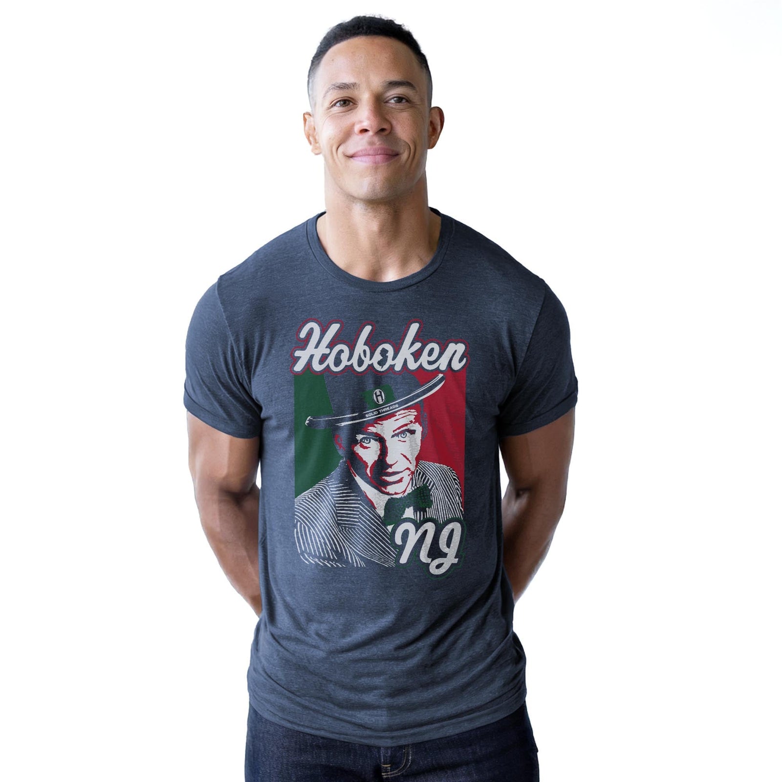 Hoboken Sinatra Cool Staple T-shirt in Navy Heather On Model - Front View