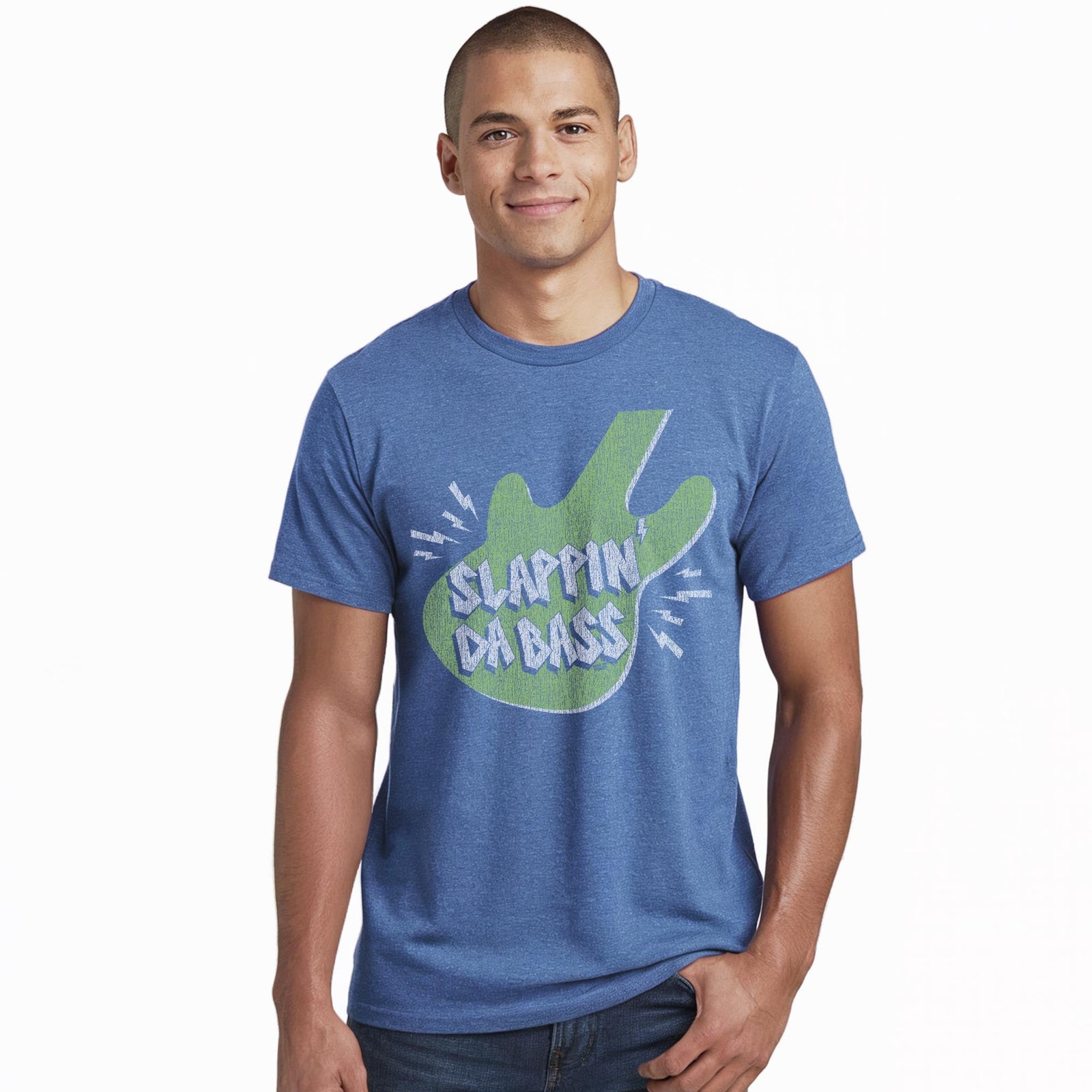 Slappin' Da Bass Vintage Staple T-shirt in Royal Heather On Model - Front View