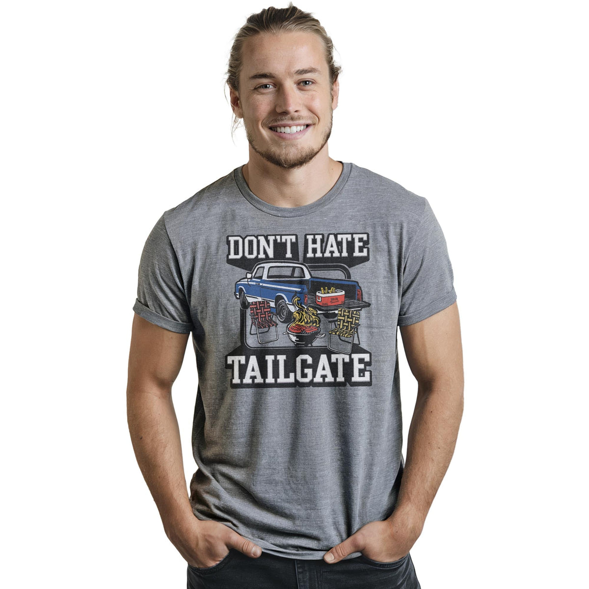 Don't Hate Tailgate Vintage Staple T-shirt in Ash Heather On Model - Front View