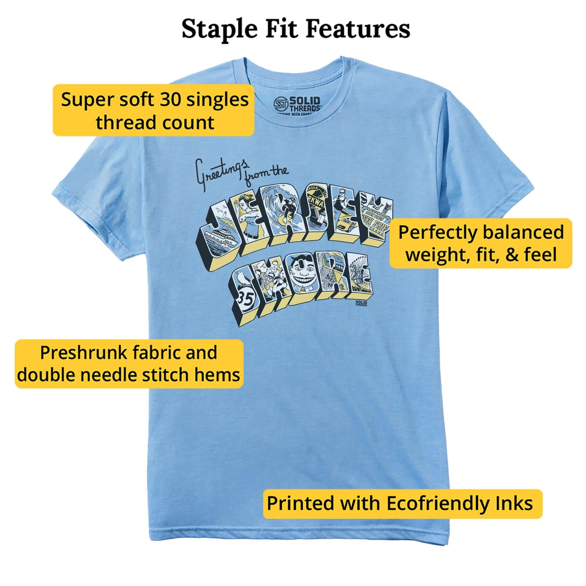 Greetings From The Jersey Shore Cool Staple T-shirt in Light Blue Heather - Fit Attributes