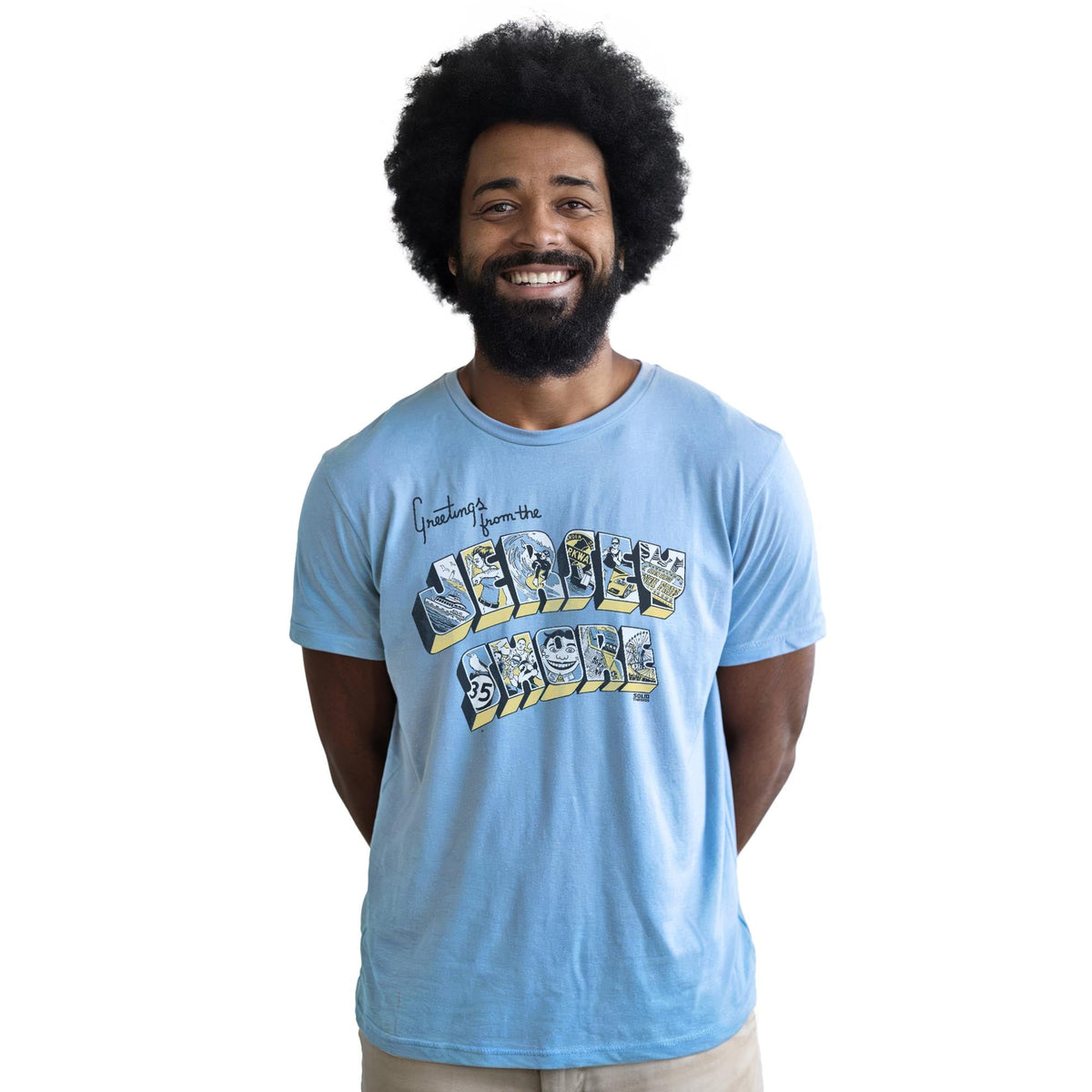 Greetings From The Jersey Shore Cool Staple T-shirt in Light Blue Heather On Model - Front View