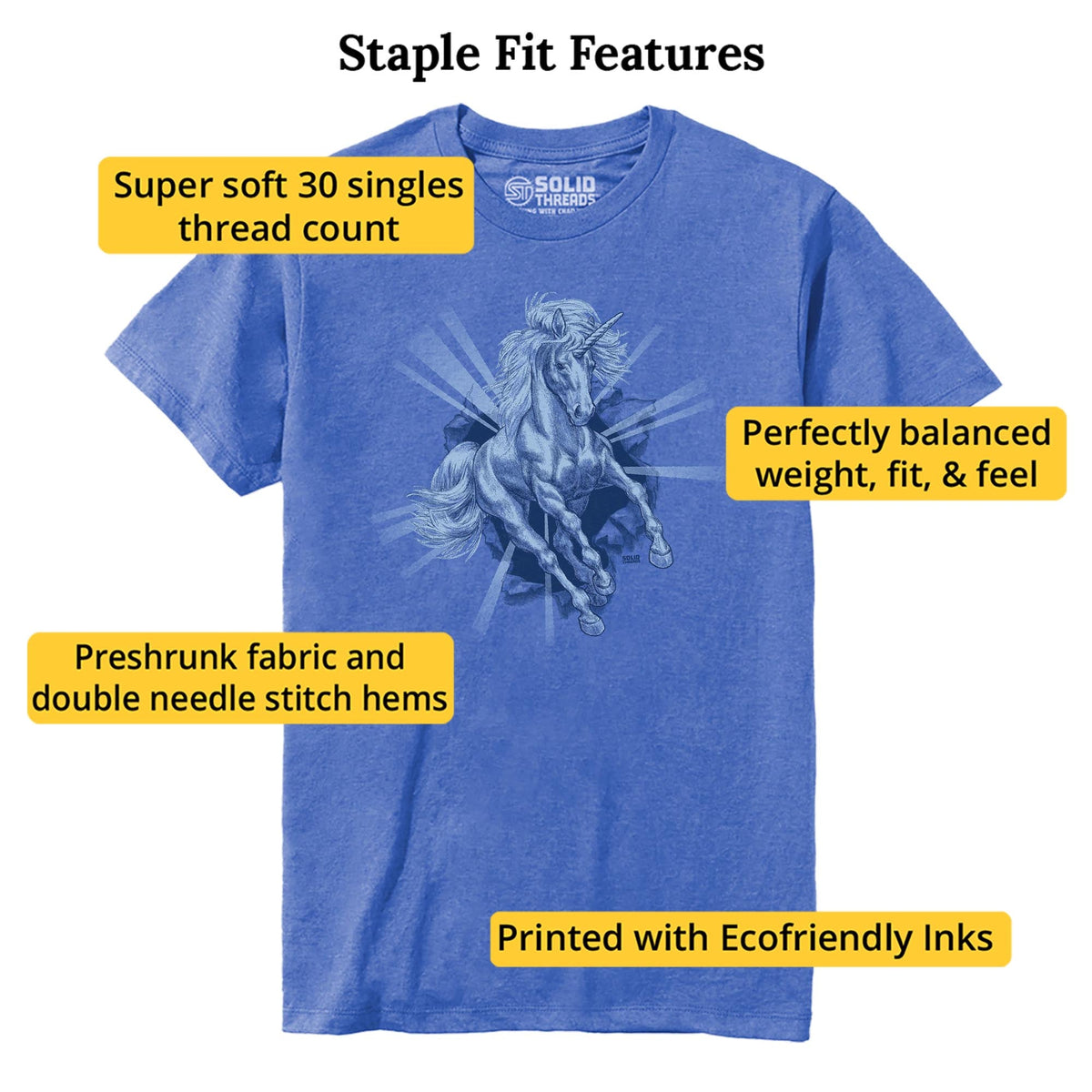 Unicorn Chest Cool Staple T-shirt in Royal Heather - Fit Attributes