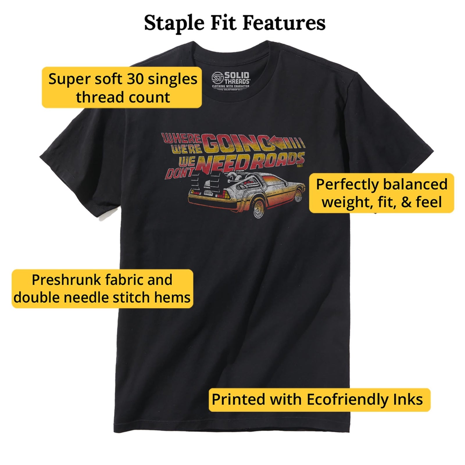 Where We're Going We Don't Need Roads Cool Staple T-shirt in Black - Fit Attributes