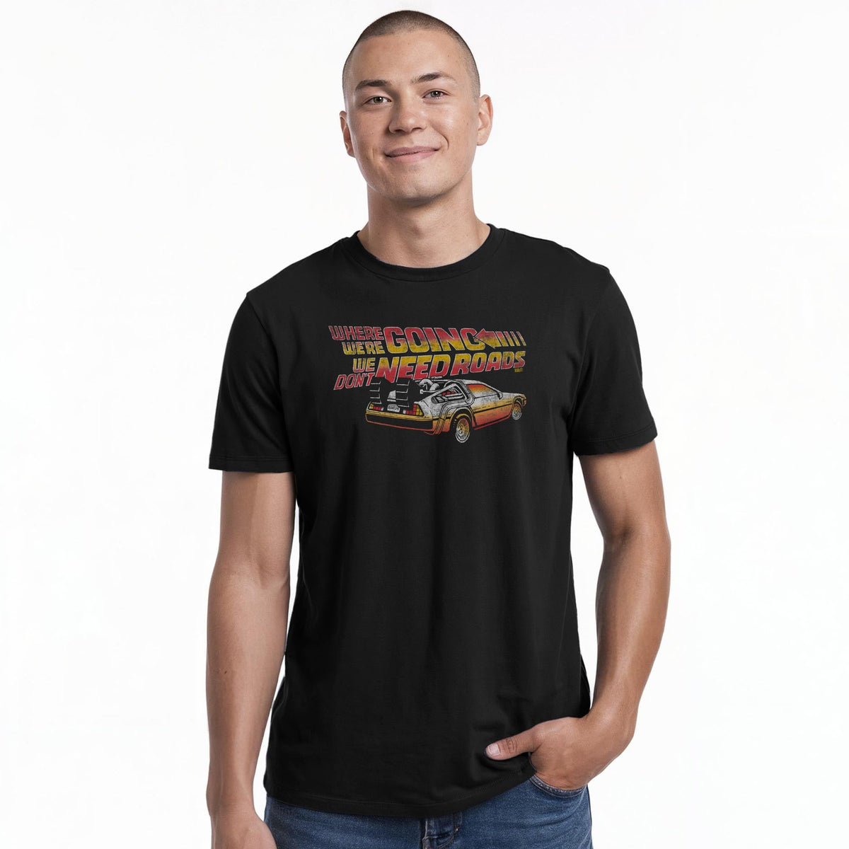 Where We're Going We Don't Need Roads Cool Staple T-shirt in Black On Model - Front View