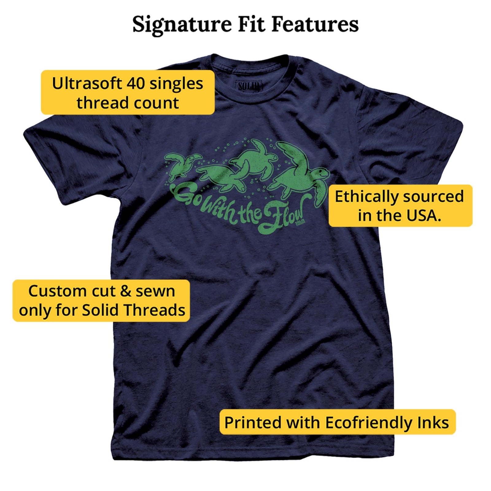 Men's Go With The Flow Vintage Graphic T-Shirt | Cool Swimming Sea Turtle Tee | Solid Threads