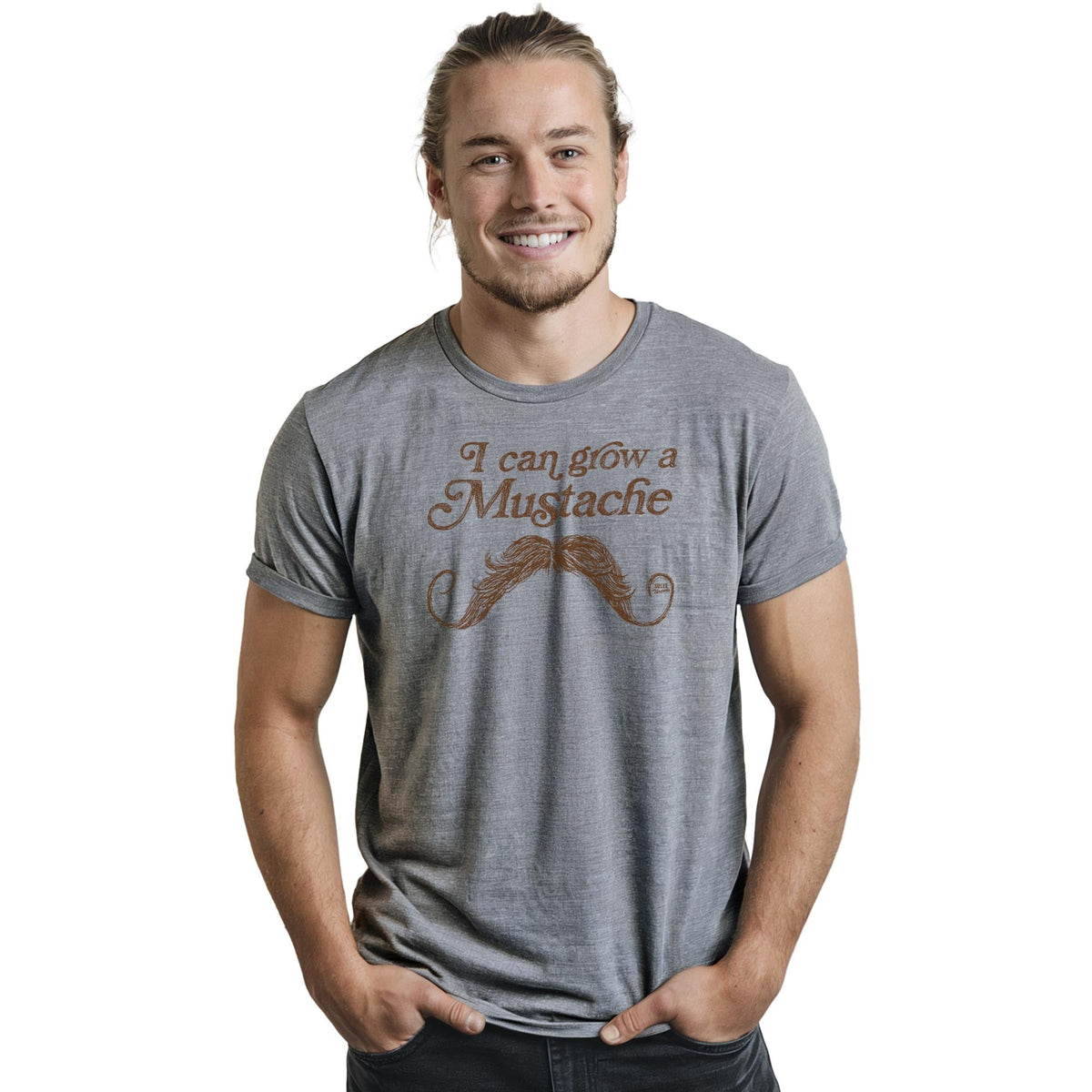 I Can Grow A Mustache Cool Staple T-shirt in Ash Heather On Model - Front View