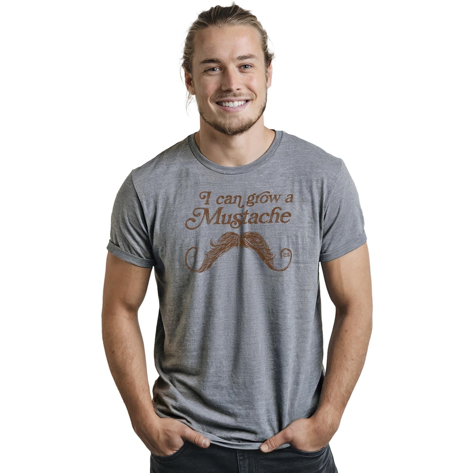 I Can Grow A Mustache Cool Staple T-shirt in Ash Heather On Model - Front View