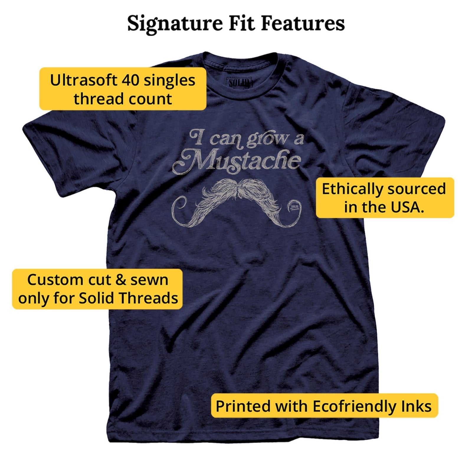 I Can Grow A Mustache Cool Signature T-shirt in Navy - Fit Attributes