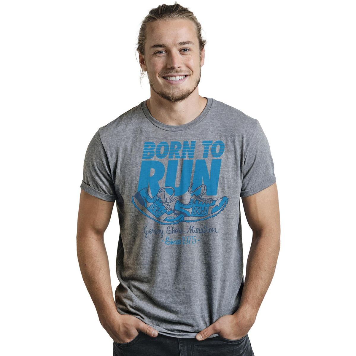 Born To Run Cool Staple T-shirt in Ash Heather On Model - Front View