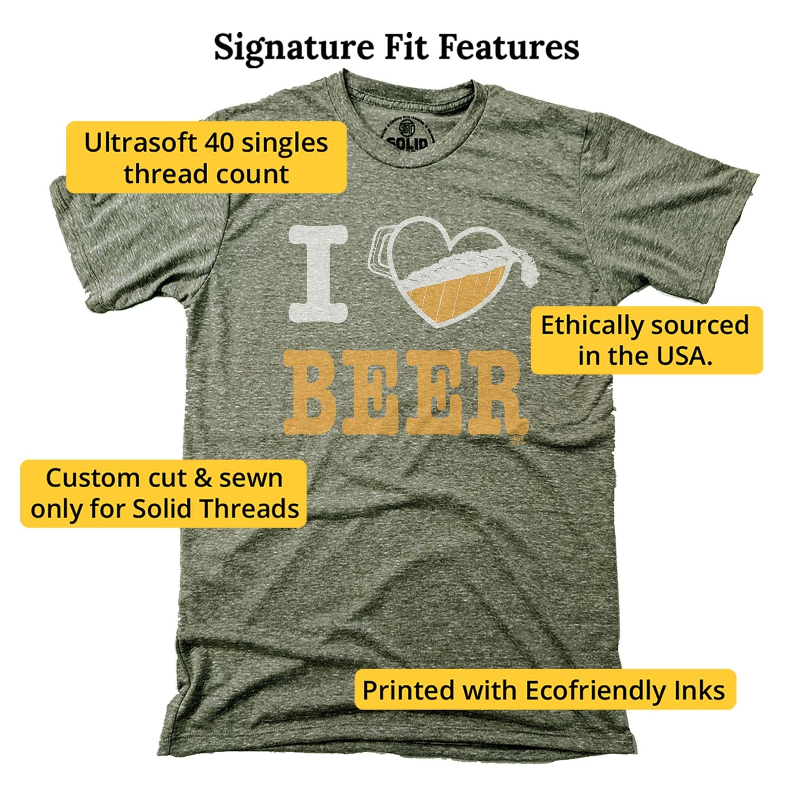 I Heart Beer Cool Signature T-shirt in Triblend Olive - Fit Attributes