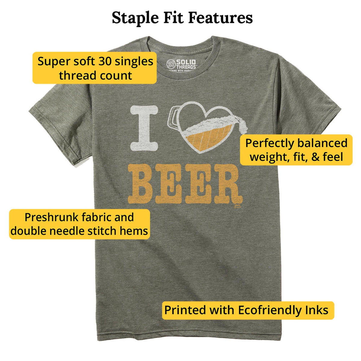 I Heart Beer Cool Staple T-shirt in Olive Heather - Fit Attributes