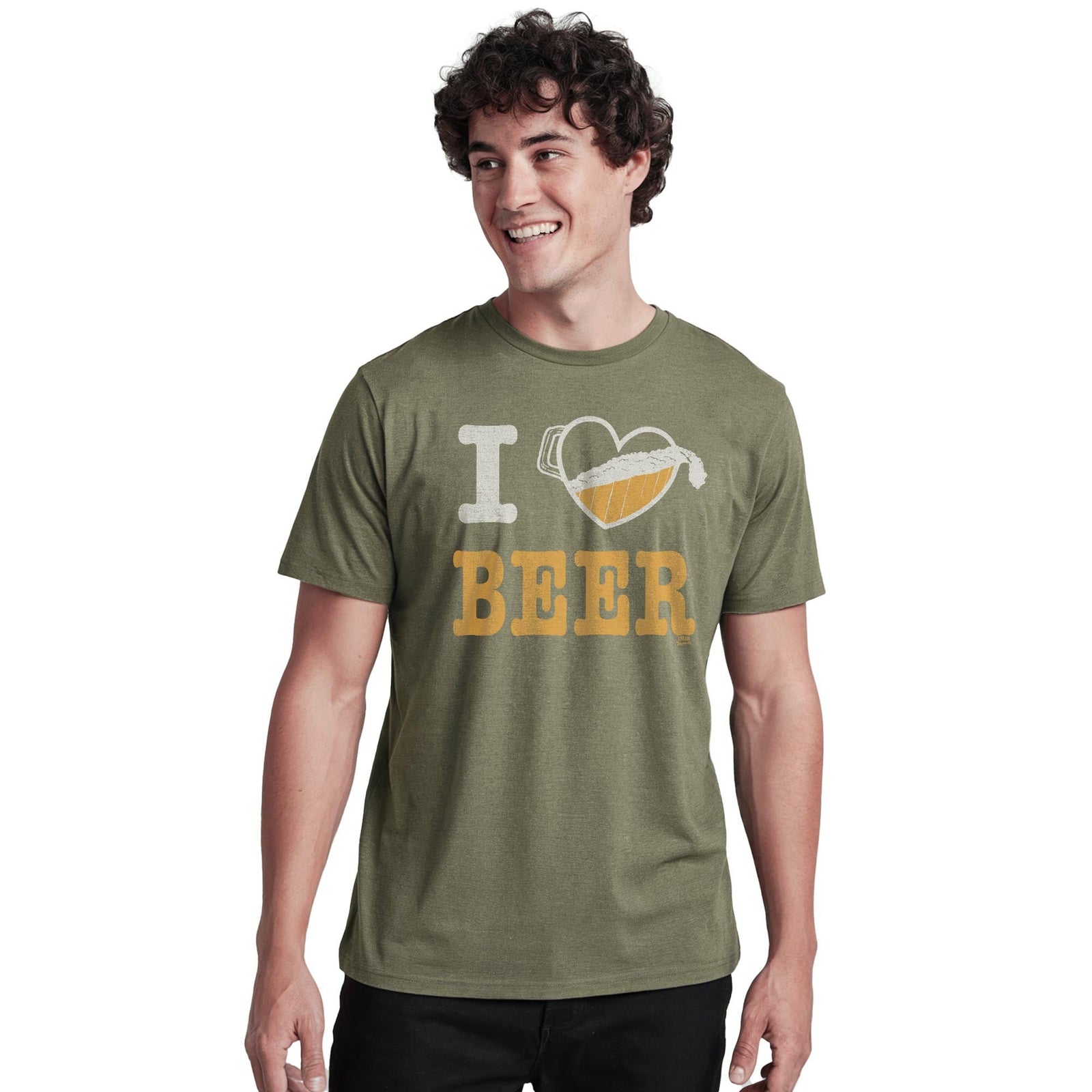 I Heart Beer Cool Staple T-shirt in Olive Heather On Model - Front View