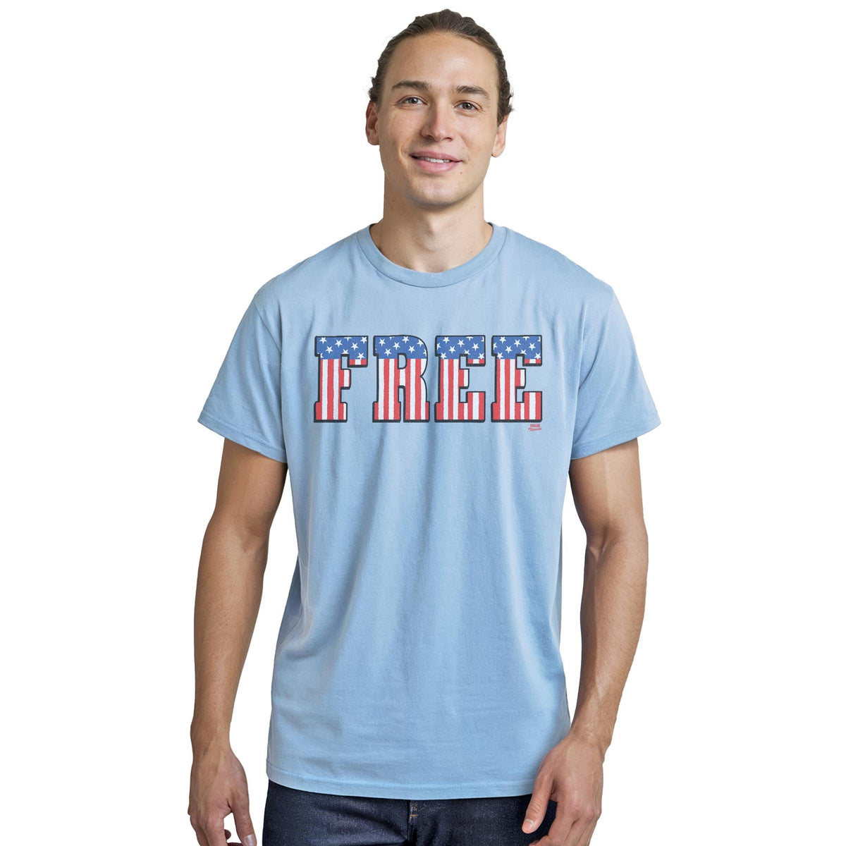 America Free Cool Staple T-shirt in Light Blue Heather On Model - Front View