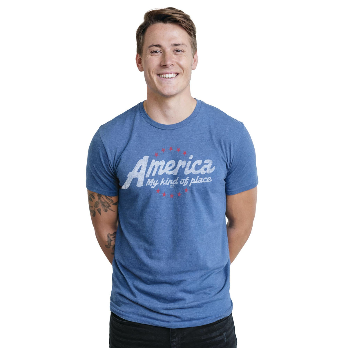 America My Kind Of Place Cool Staple T-shirt in Royal Heather On Model - Front View