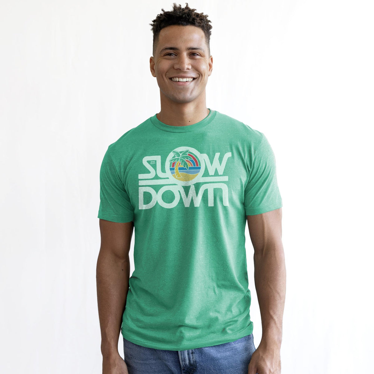 Slow Down Vintage Staple T-shirt in Kelly Heather On Model - Front View