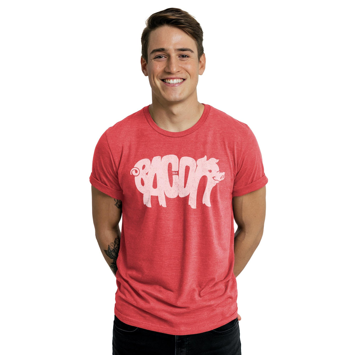 Bacon Vintage Staple T-shirt in Red Heather On Model - Front View