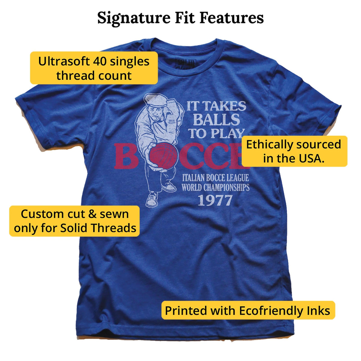 It Takes Balls To Play Bocce Funny Signature T-shirt in Royal - Fit Attributes