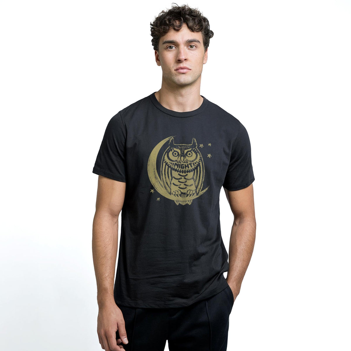 Night Owl Cool Staple T-shirt in Black On Model - Front View