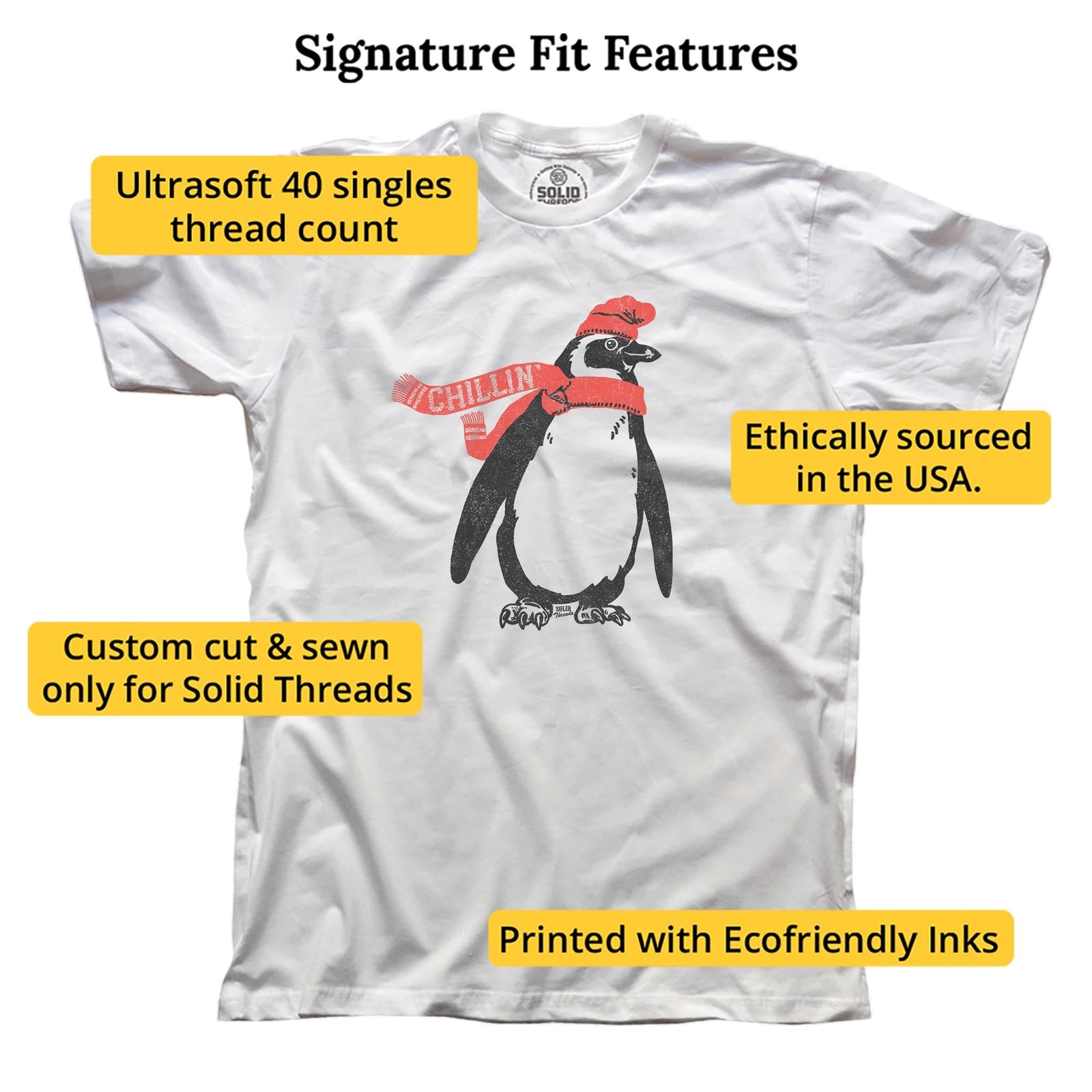 Men's Chillin Cool Winter Graphic T-Shirt | Vintage Cute Penguin Tee | Solid Threads