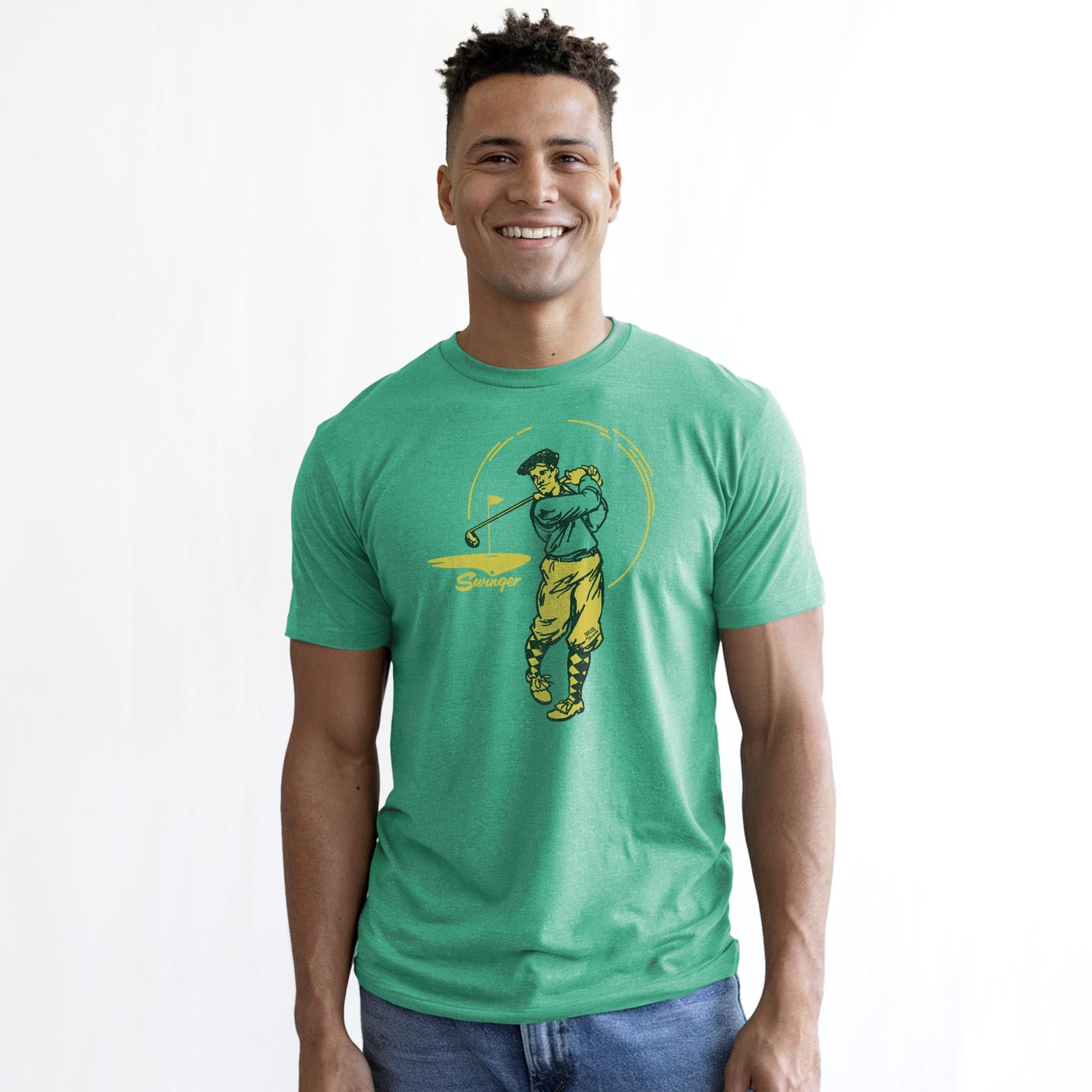 Swinger Vintage Staple T-shirt in Kelly Heather On Model - Front View