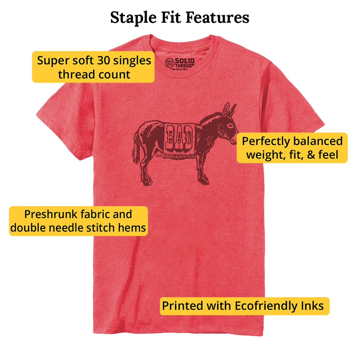 Bad Ass Funny Staple T-shirt in Red Heather - Fit Attributes