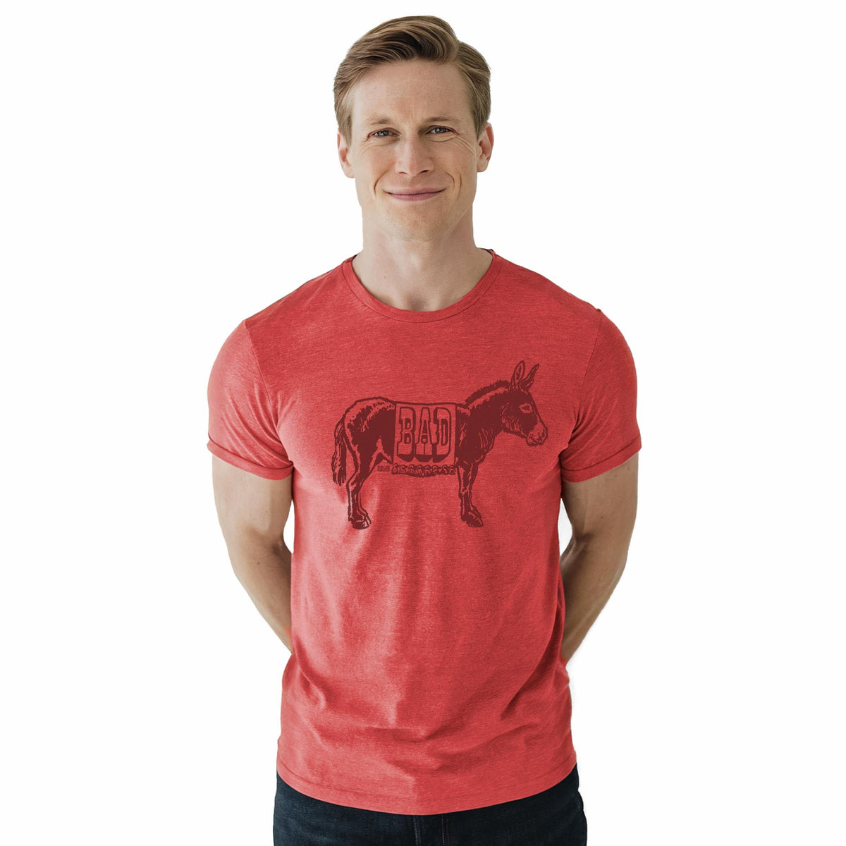 Bad Ass Funny Staple T-shirt in Red Heather On Model - Front View