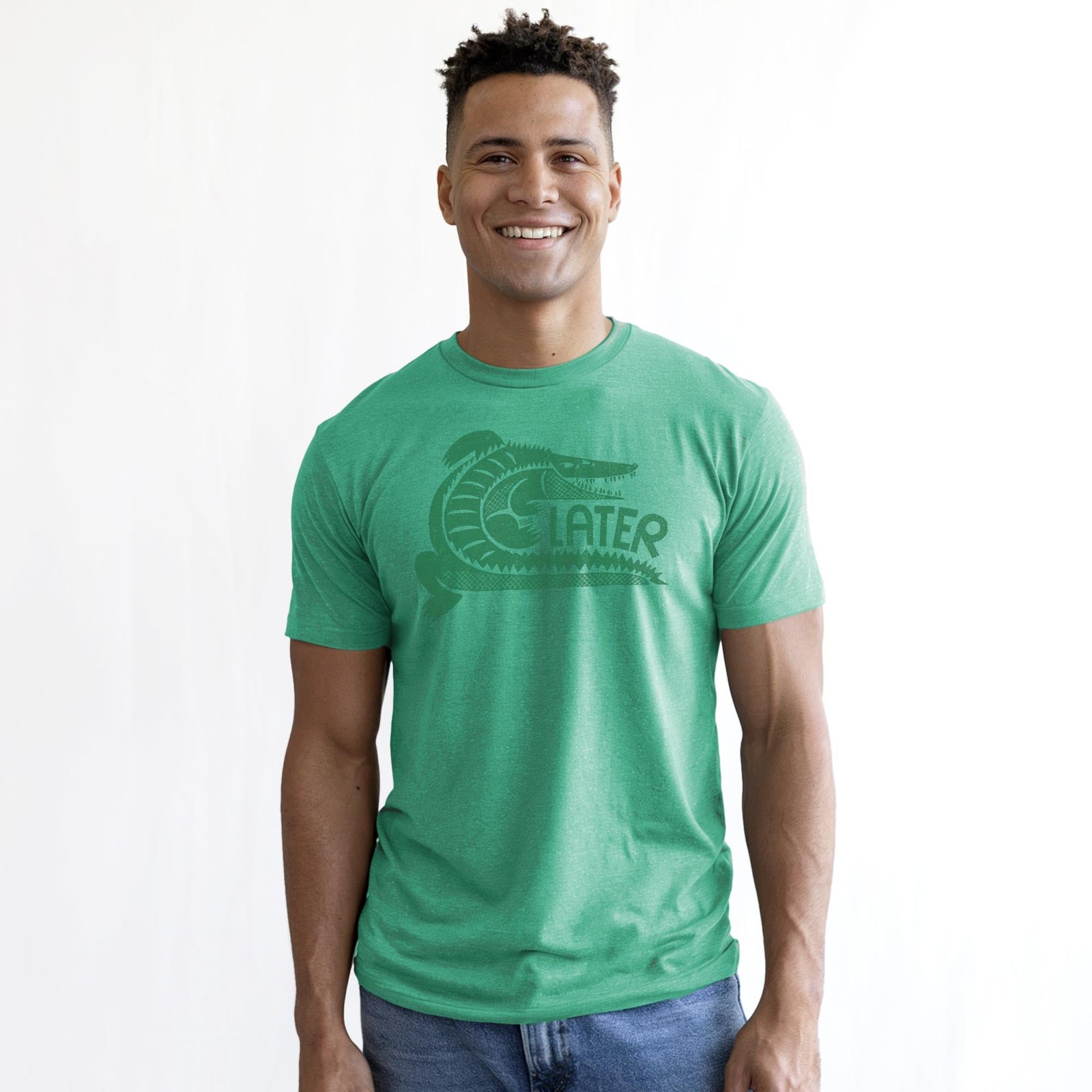 Later Gator Vintage Staple T-shirt in Kelly Heather On Model - Front View