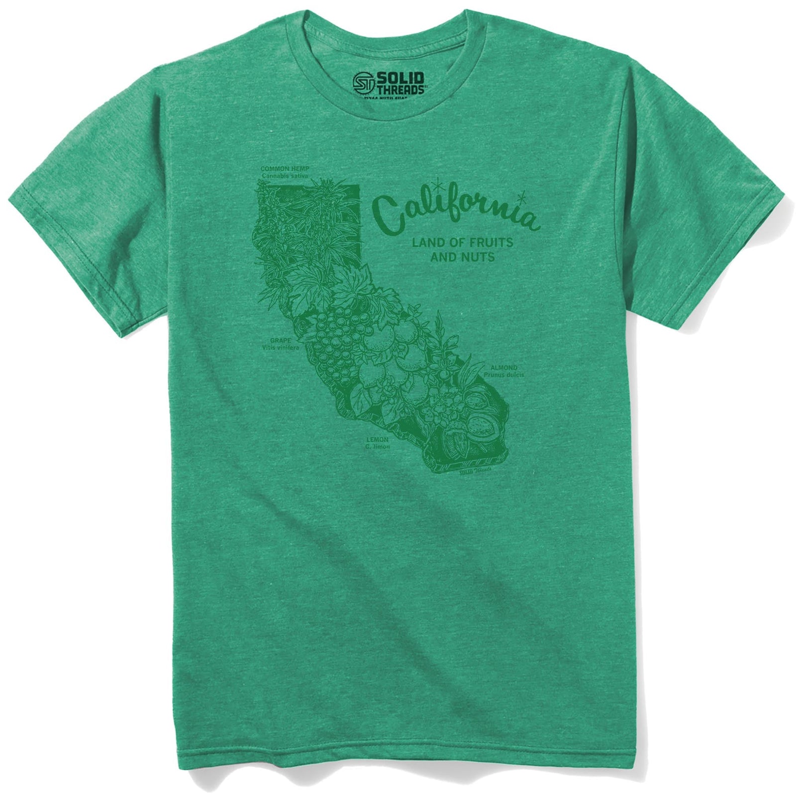 California Land Of Fruits And Nuts Vintage Staple T-shirt in Kelly Heather - Front View