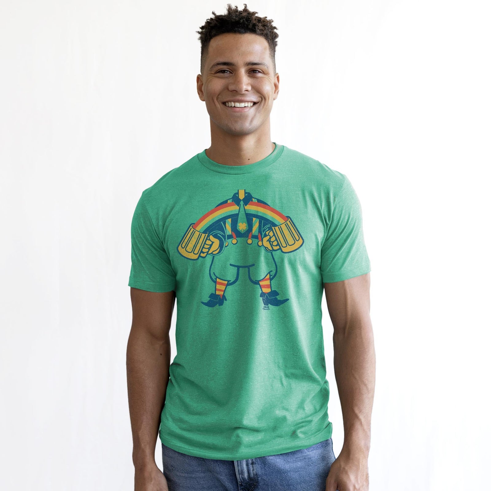 Rainbow Leprechaun Cool Staple T-shirt in Kelly Heather On Model - Front View
