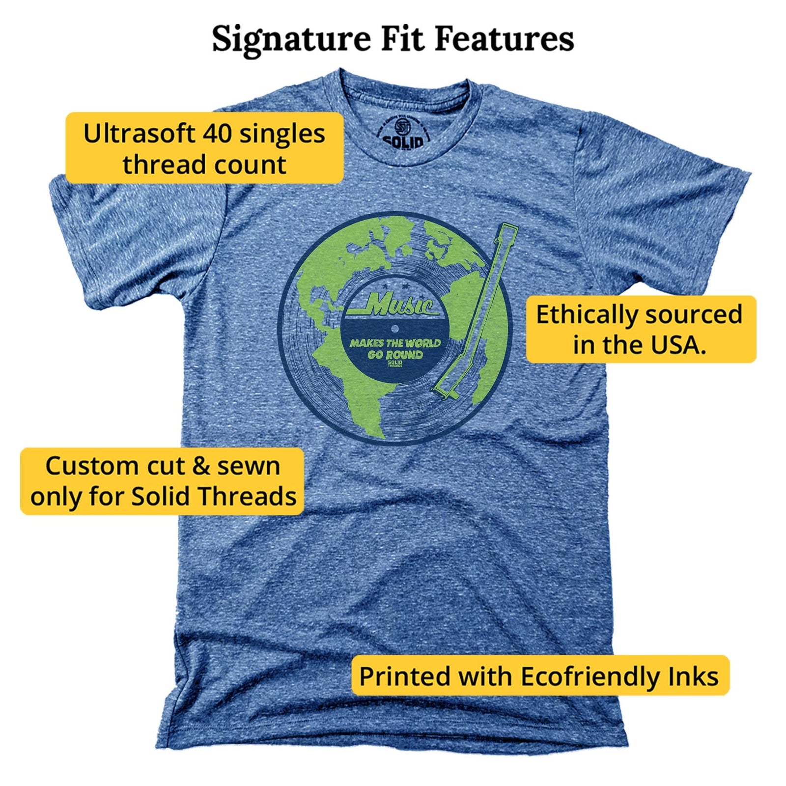 Music Makes The World Go Round Cool Signature T-shirt in Triblend Royal - Fit Attributes