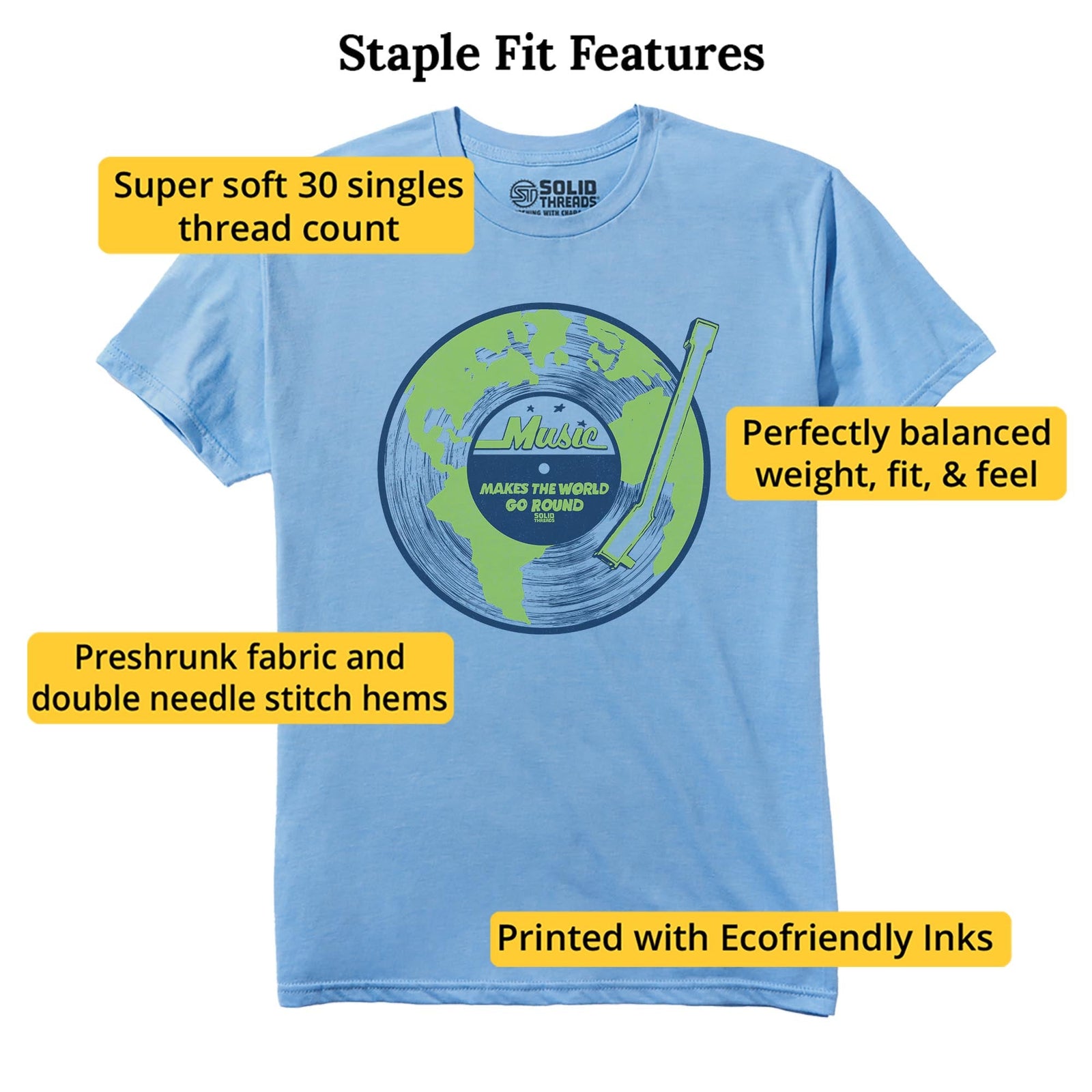 Music Makes The World Go Round Cool Staple T-shirt in Light Blue Heather - Fit Attributes