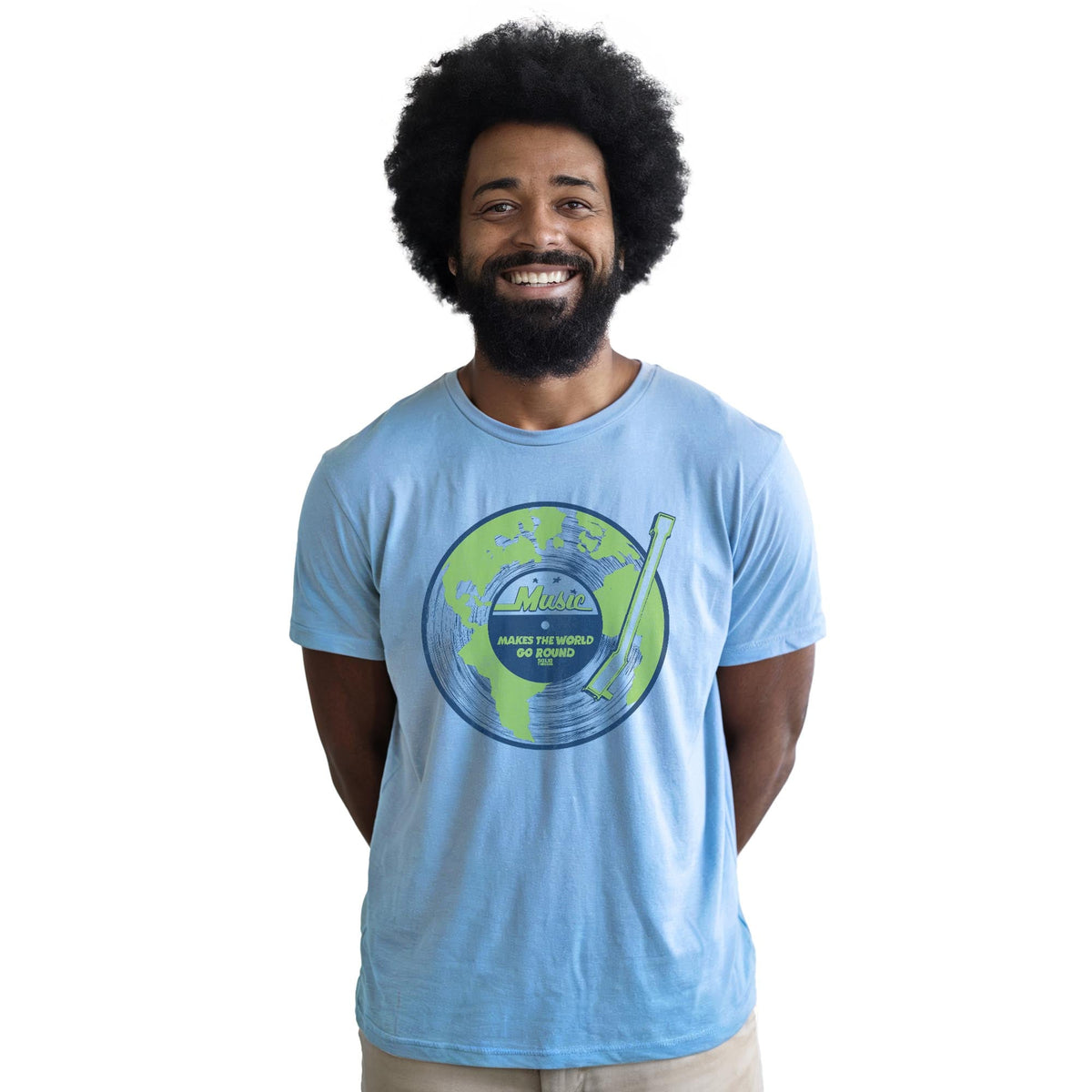 Music Makes The World Go Round Cool Staple T-shirt in Light Blue Heather On Model - Front View