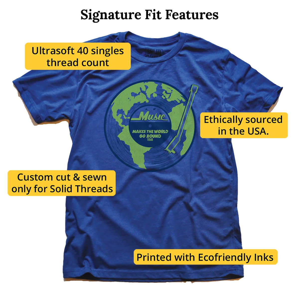 Music Makes The World Go Round Cool Signature T-shirt in Royal - Fit Attributes