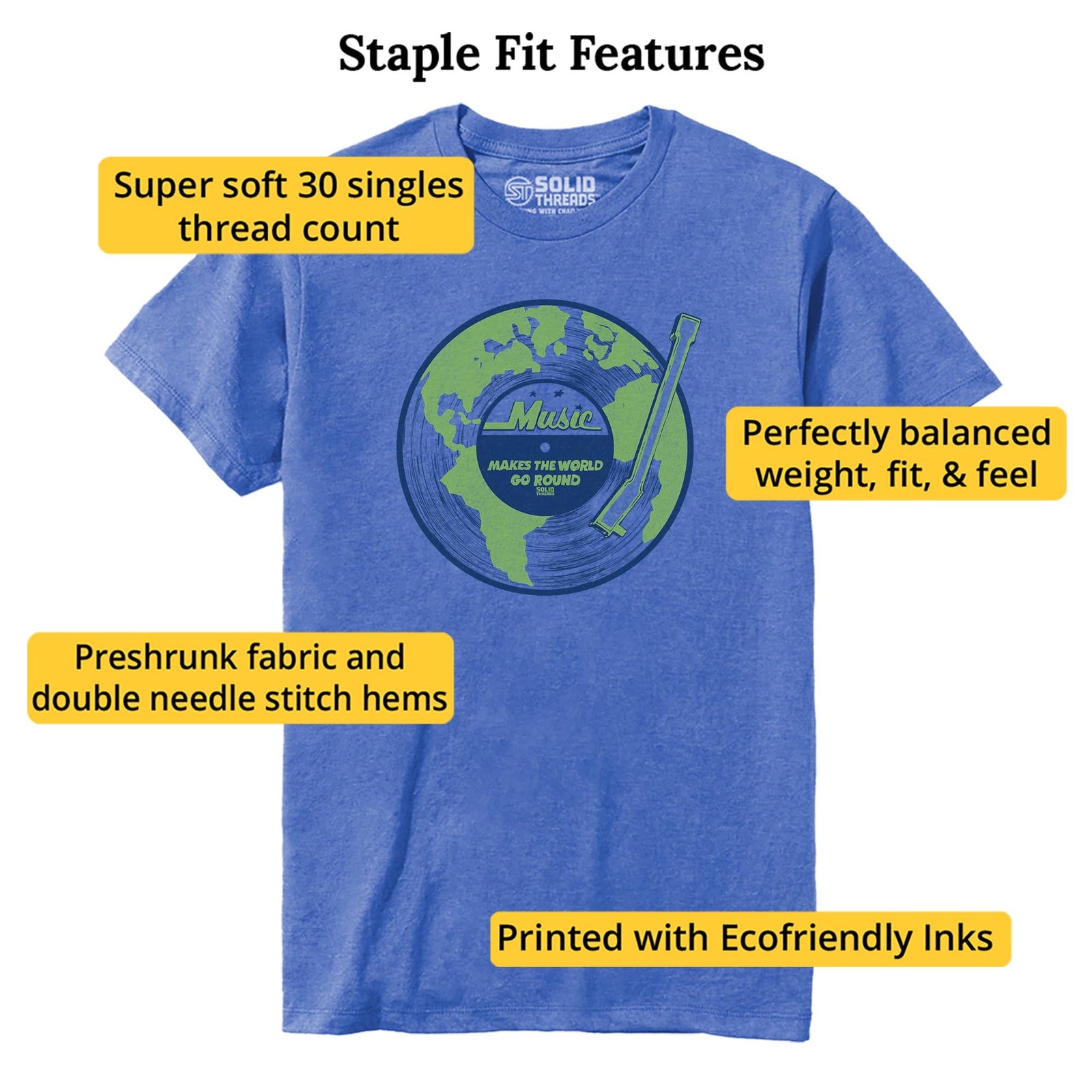 Music Makes The World Go Round Cool Staple T-shirt in Royal Heather - Fit Attributes