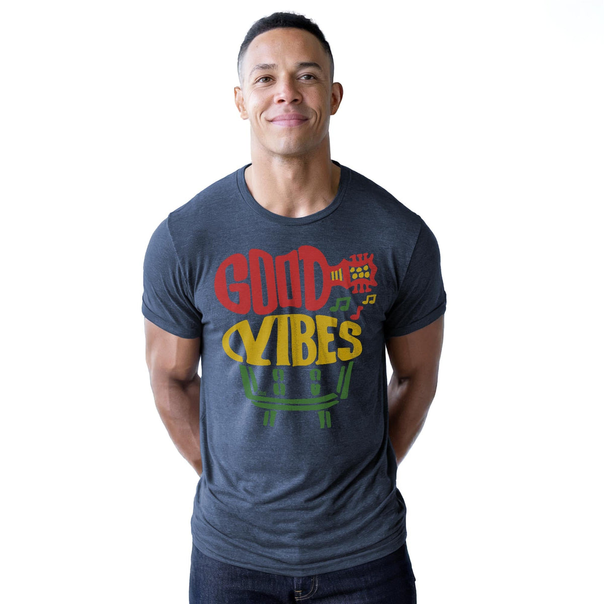 Good Vibes Cool Staple T-shirt in Navy Heather On Model - Front View