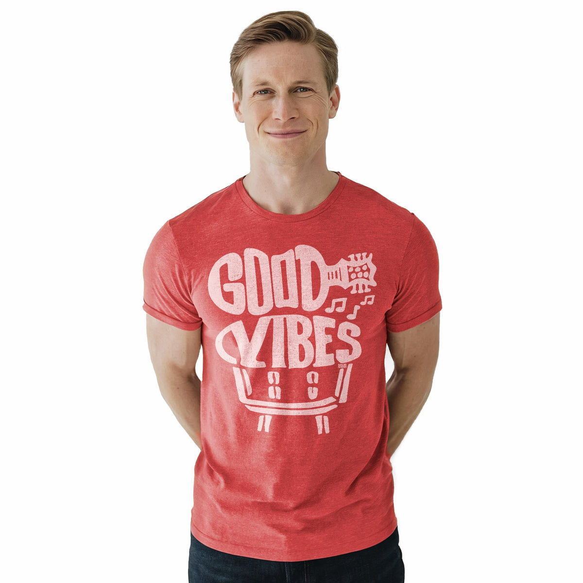 Good Vibes Cool Staple T-shirt in Red Heather On Model - Front View