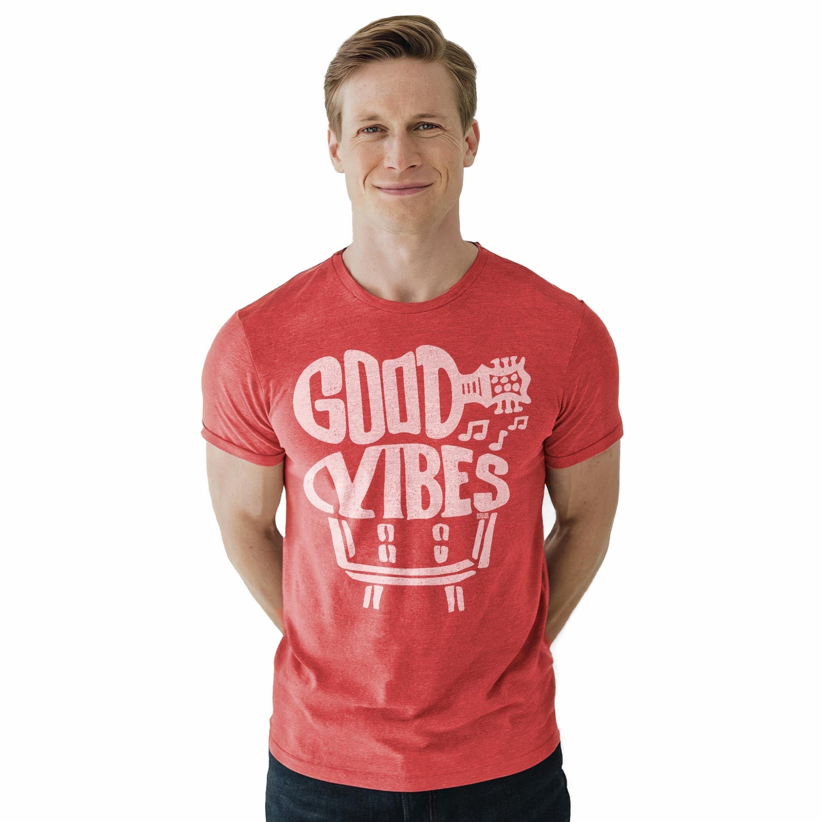 Good Vibes Cool Staple T-shirt in Red Heather On Model - Front View