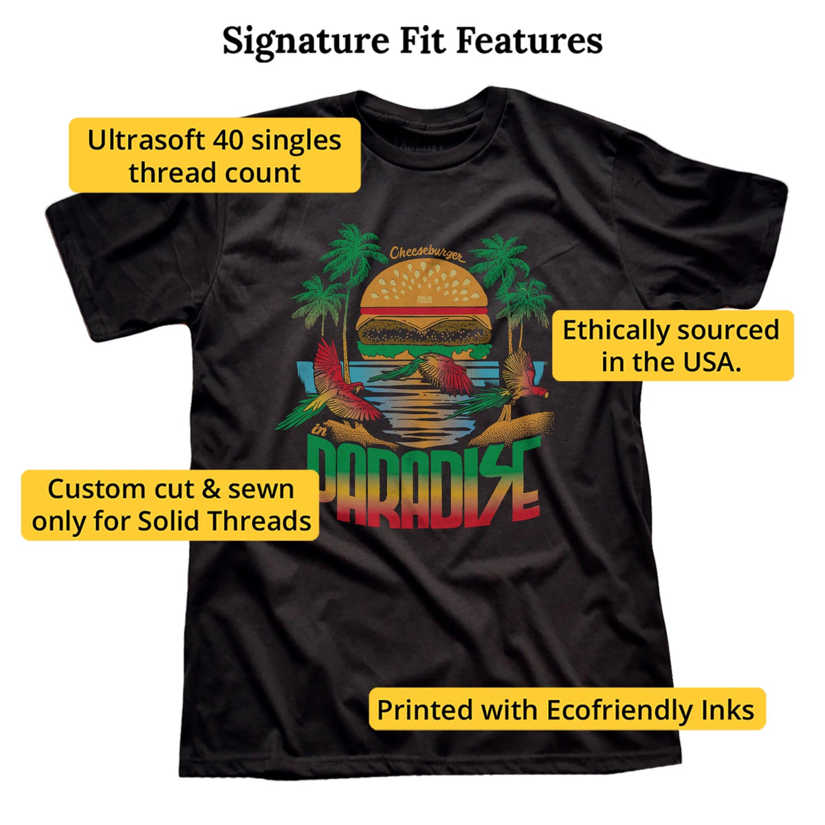 Cheeseburger In Paradise Retro Signature T-shirt in Black - Fit Attributes